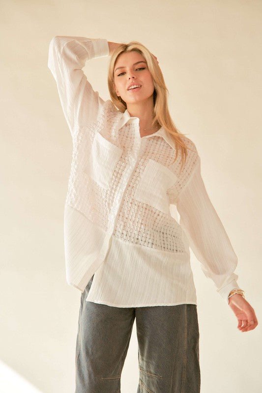 Davi & Dani - White Crinkled Jacquard Button Down Shirt