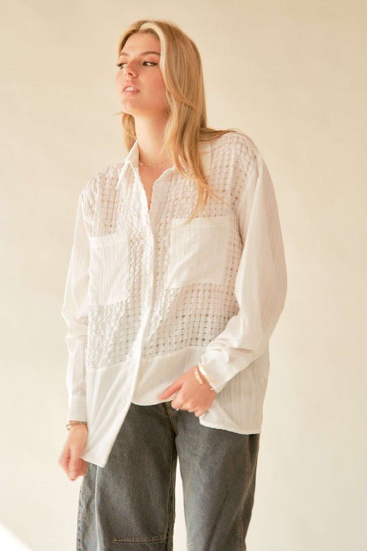 Davi & Dani - White Crinkled Jacquard Button Down Shirt