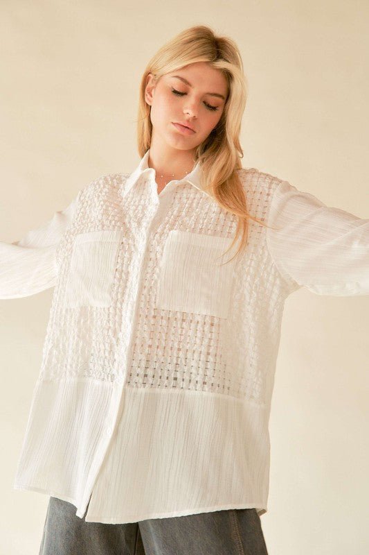 Davi & Dani - White Crinkled Jacquard Button Down Shirt