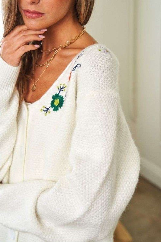 Davi & Dani - White Embroidered Flowers Button Up Cardigan