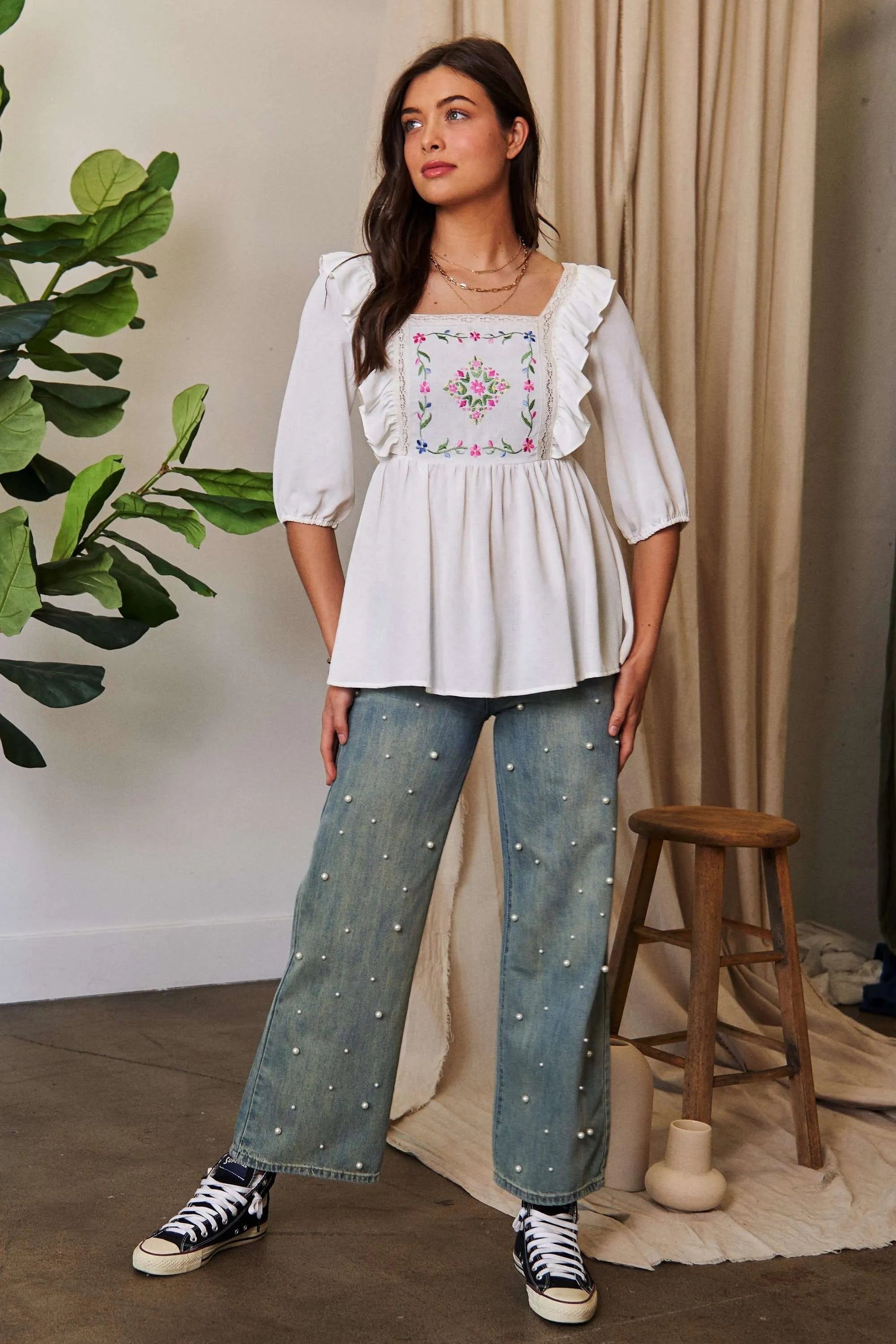 Davi & Dani - White Embroidered Ruffle Peplum Blouse