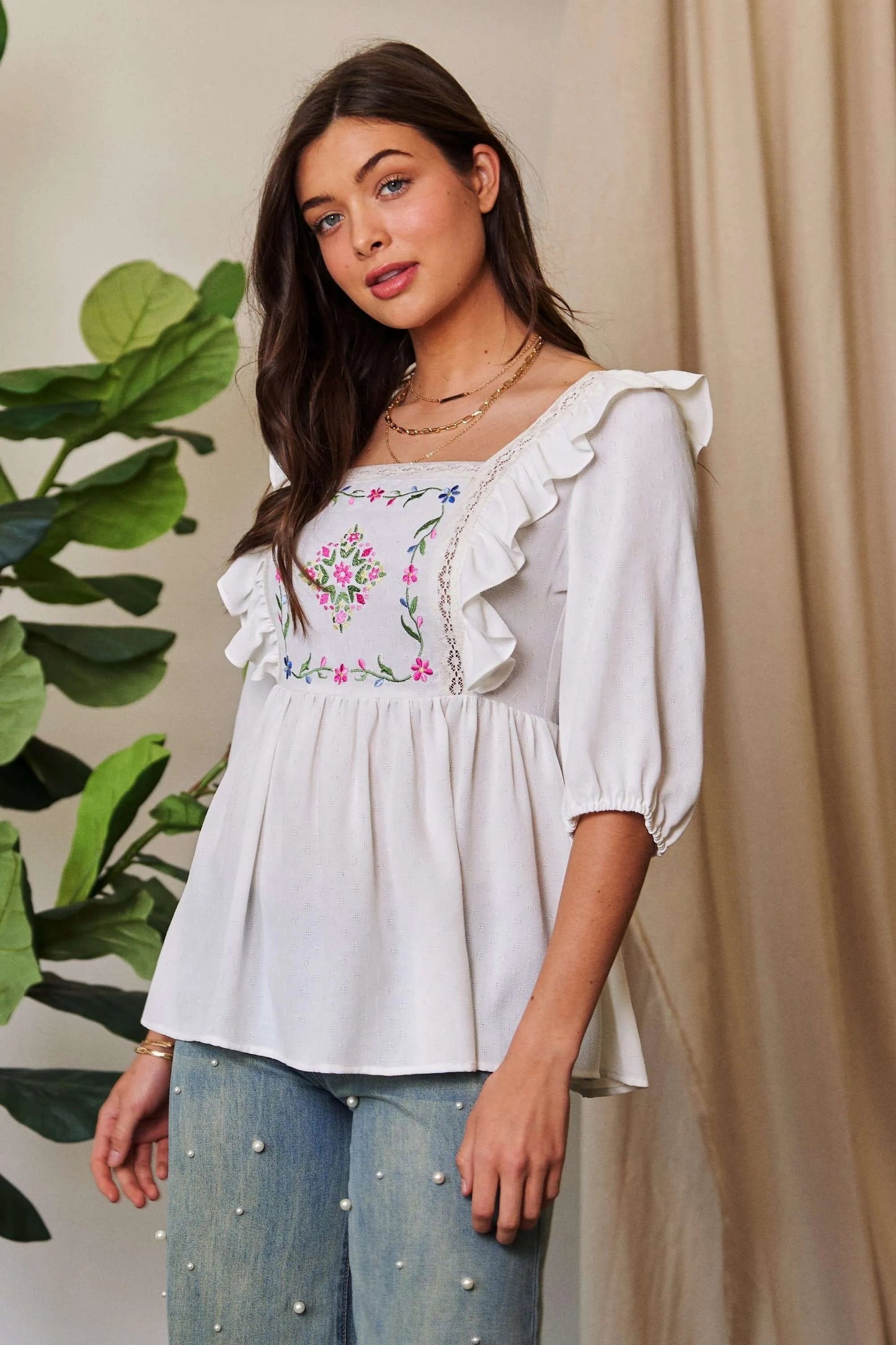 Davi & Dani - White Embroidered Ruffle Peplum Blouse