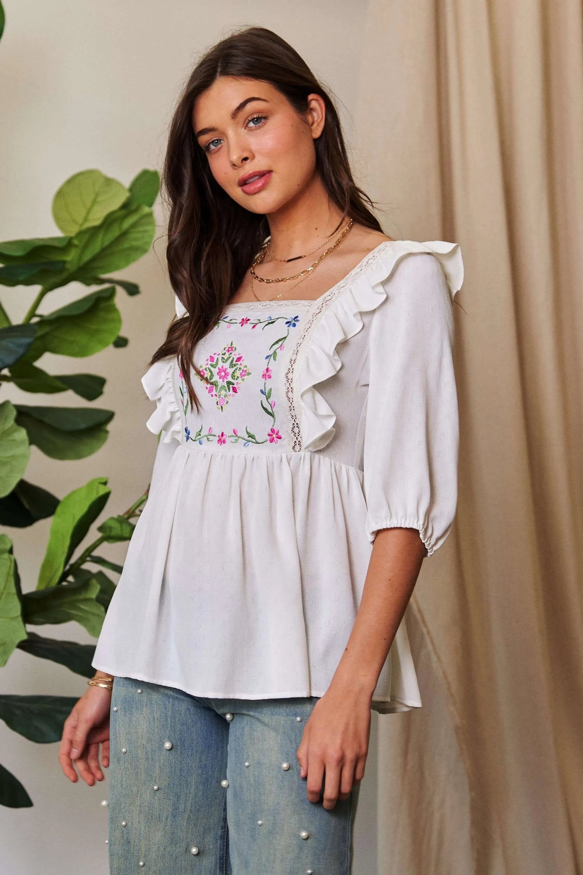 Davi & Dani - White Embroidered Ruffle Peplum Blouse