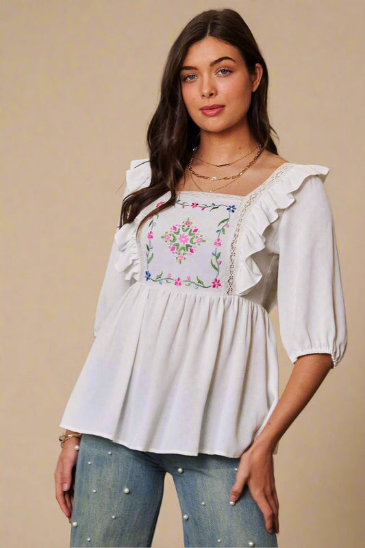 Davi & Dani - White Embroidered Ruffle Peplum Blouse