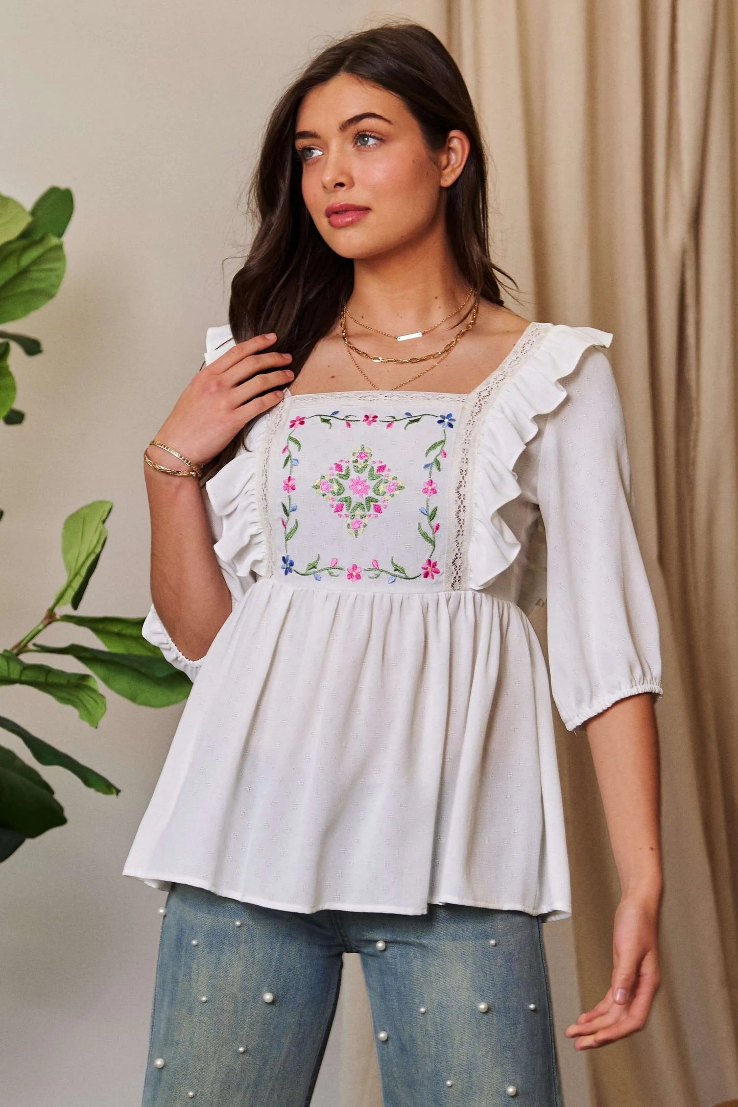 Davi & Dani - White Embroidered Ruffle Peplum Blouse