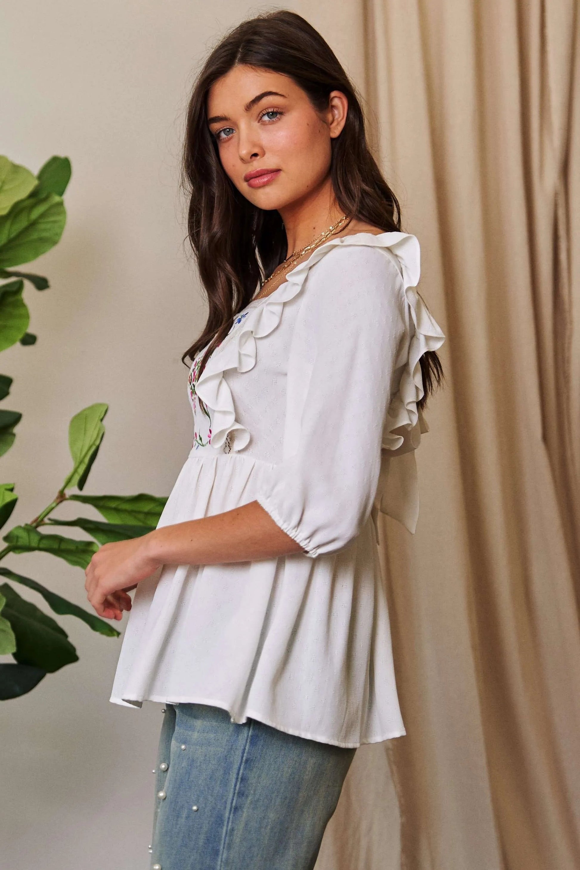 Davi & Dani - White Embroidered Ruffle Peplum Blouse