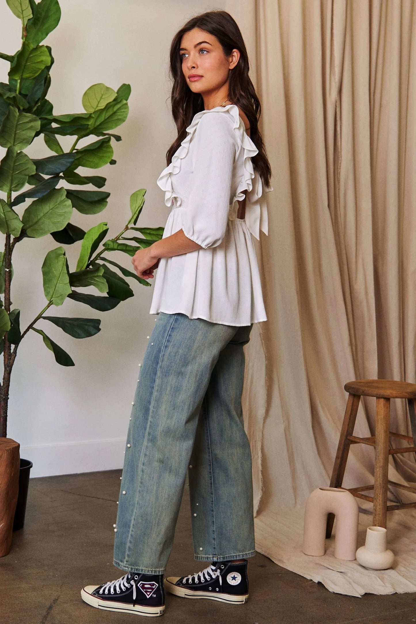 Davi & Dani - White Embroidered Ruffle Peplum Blouse