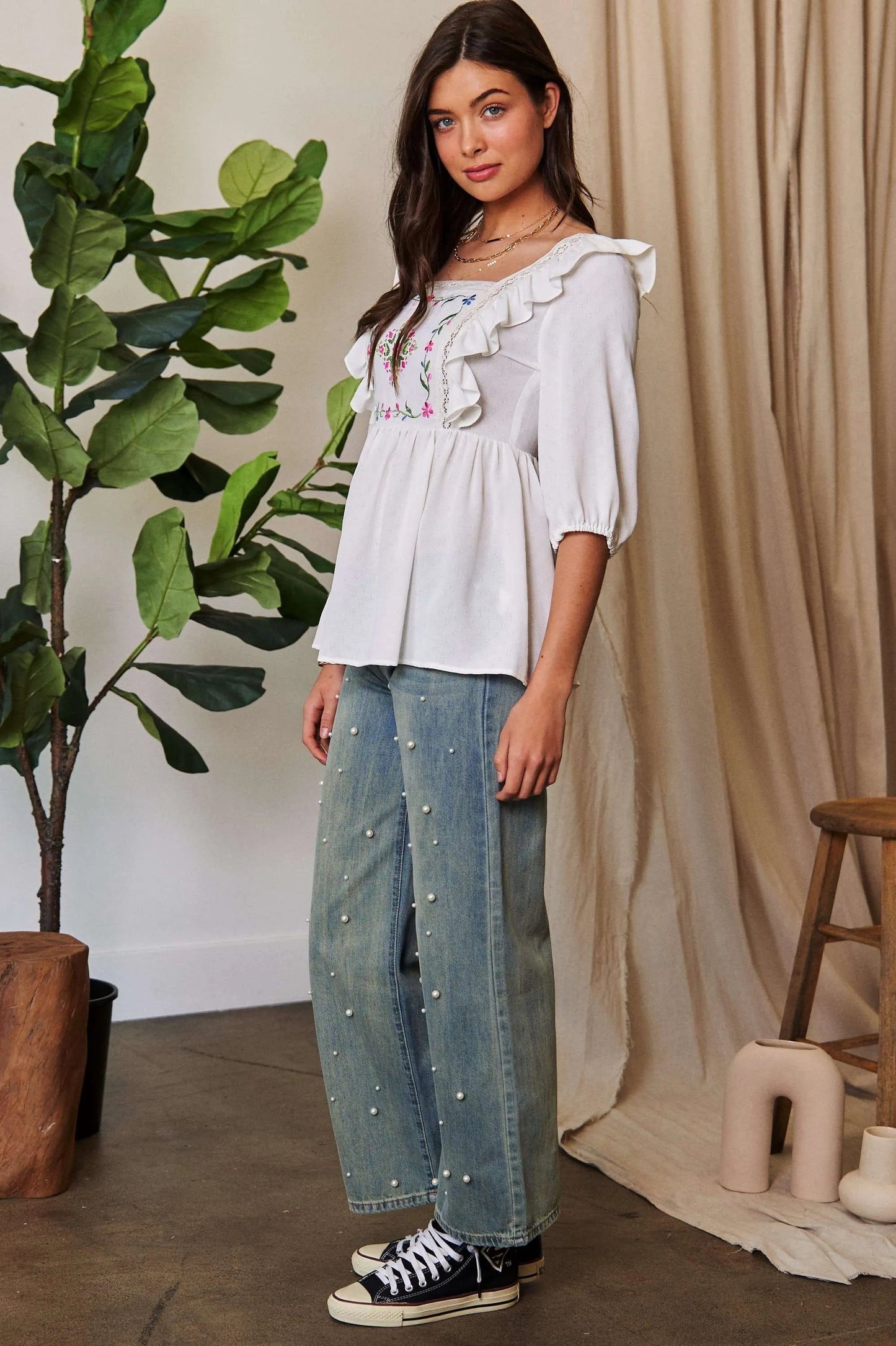 Davi & Dani - White Embroidered Ruffle Peplum Blouse