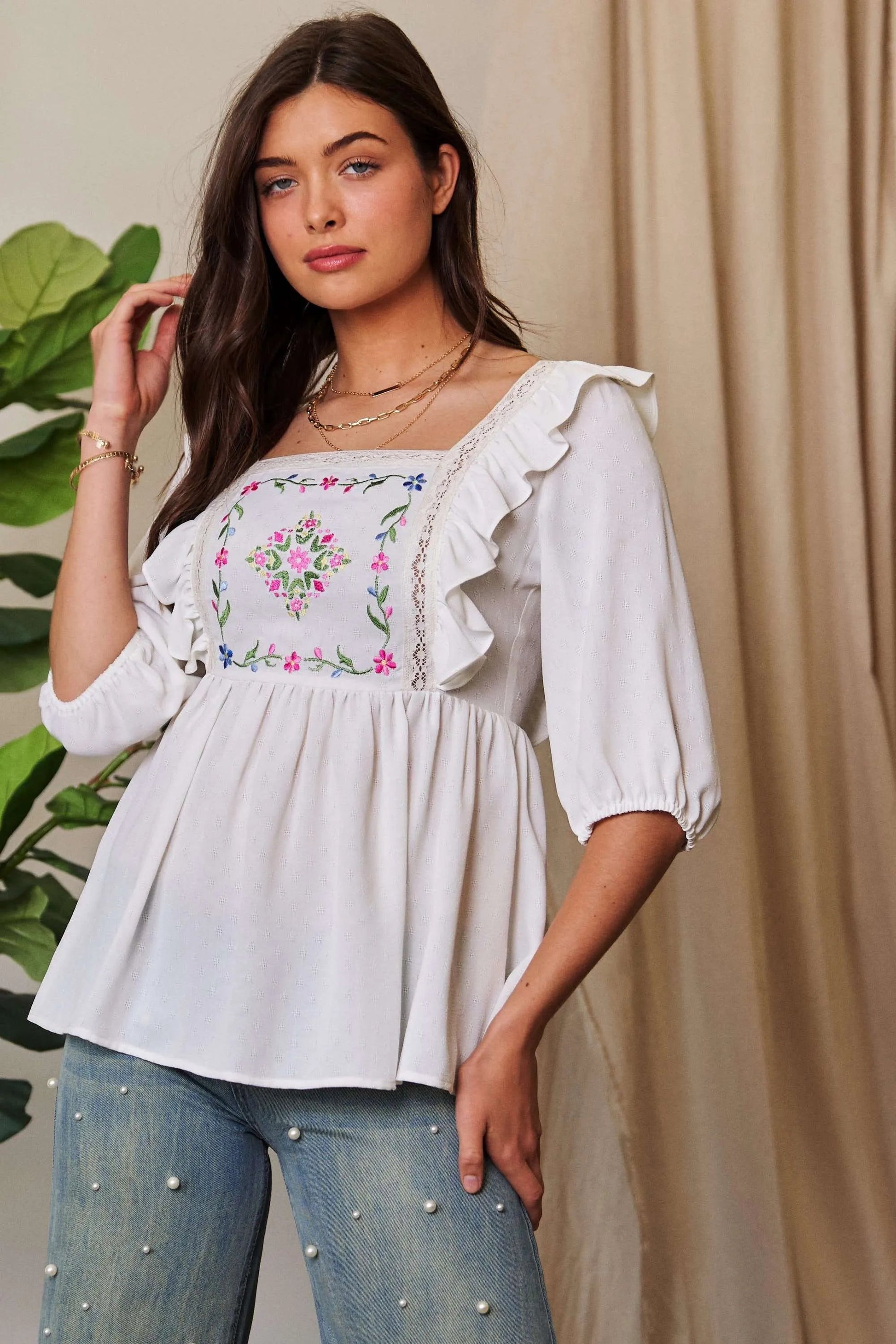 Davi & Dani - White Embroidered Ruffle Peplum Blouse