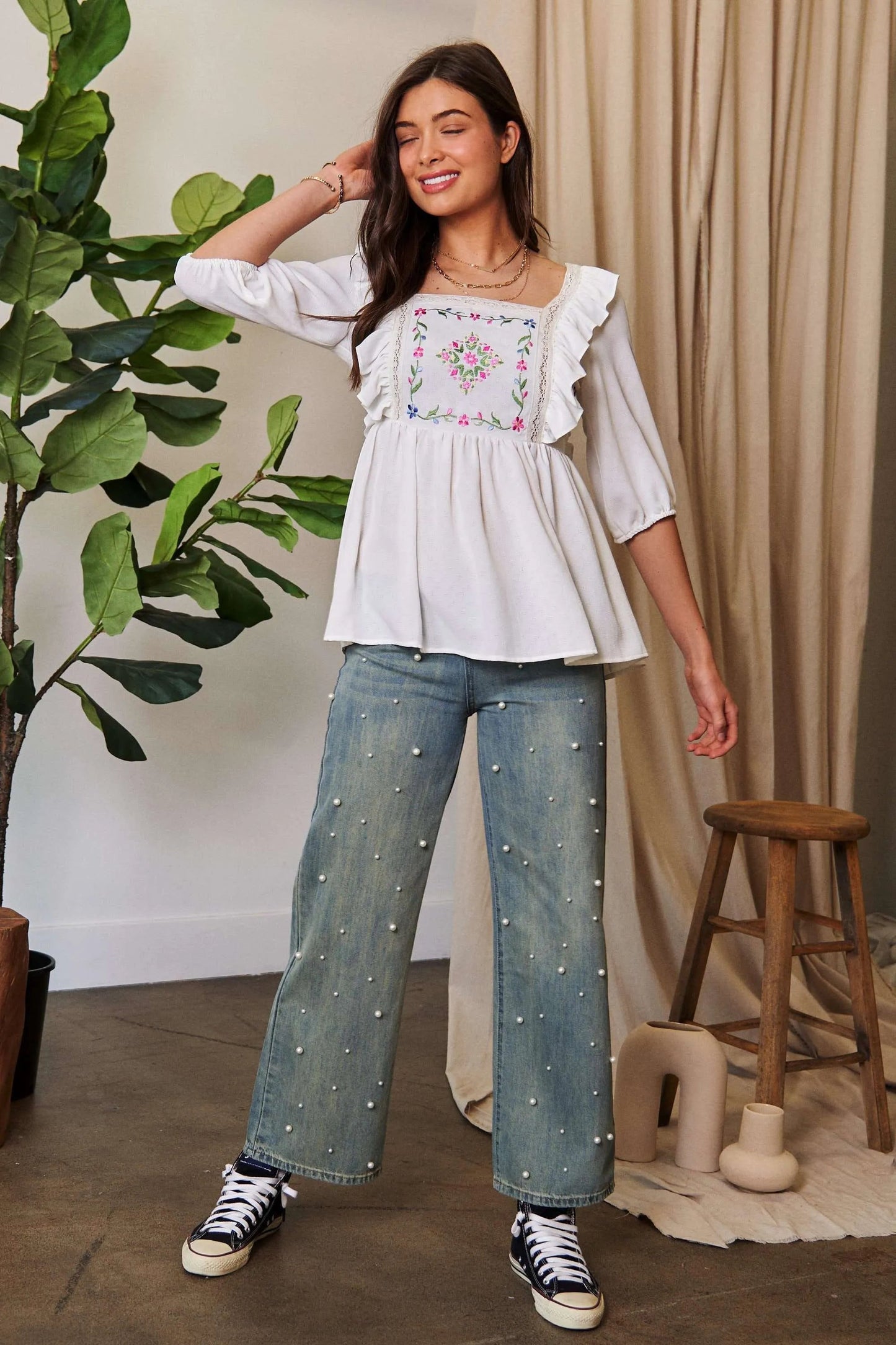 Davi & Dani - White Embroidered Ruffle Peplum Blouse
