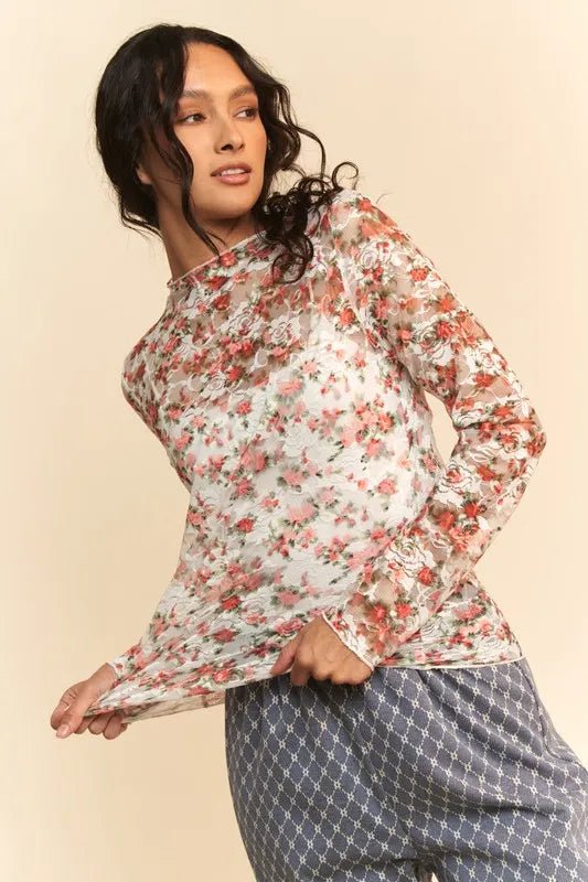 Davi & Dani - White & Red Floral Mesh Long Sleeve Top