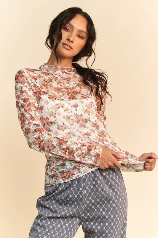 Davi & Dani - White & Red Floral Mesh Long Sleeve Top