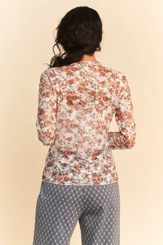Davi & Dani - White & Red Floral Mesh Long Sleeve Top