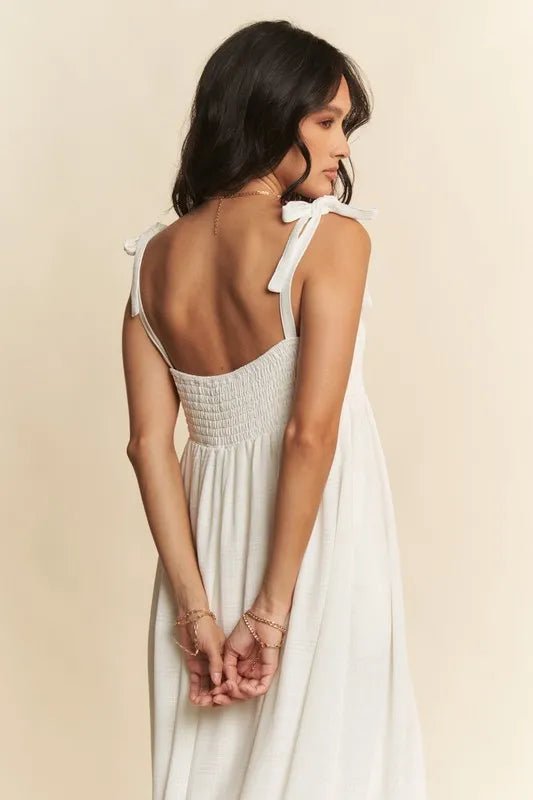 Davi & Dani - White Smocked Tie - Strap Maxi Dress