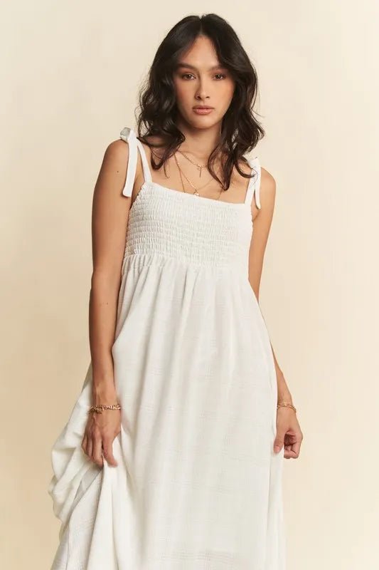 Davi & Dani - White Smocked Tie - Strap Maxi Dress