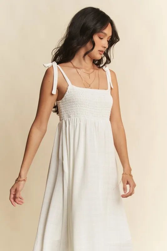 Davi & Dani - White Smocked Tie - Strap Maxi Dress
