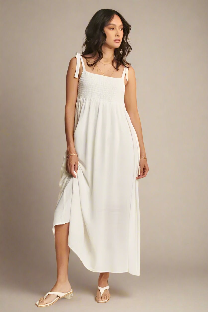 Davi & Dani - White Smocked Tie - Strap Maxi Dress