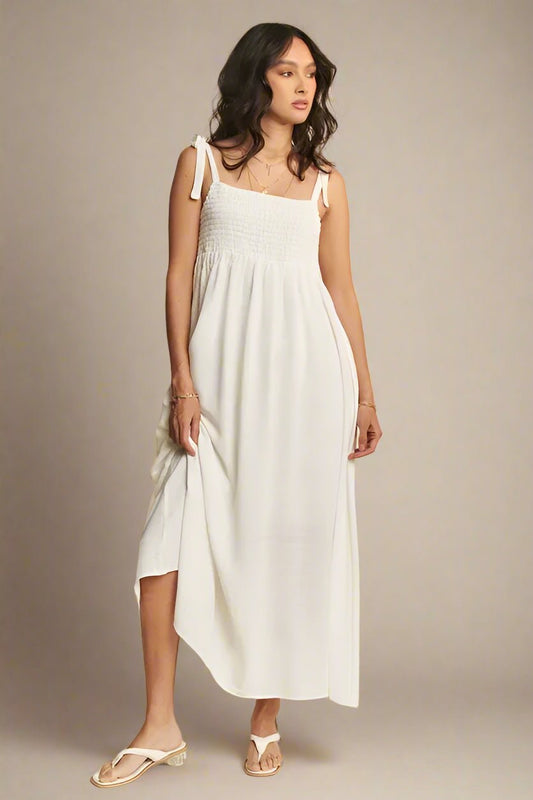Davi & Dani - White Smocked Tie - Strap Maxi Dress