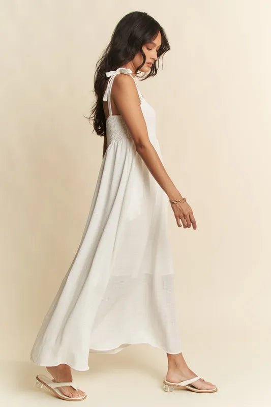 Davi & Dani - White Smocked Tie - Strap Maxi Dress