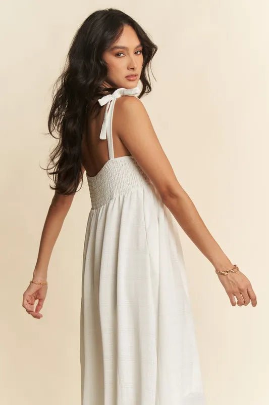 Davi & Dani - White Smocked Tie - Strap Maxi Dress