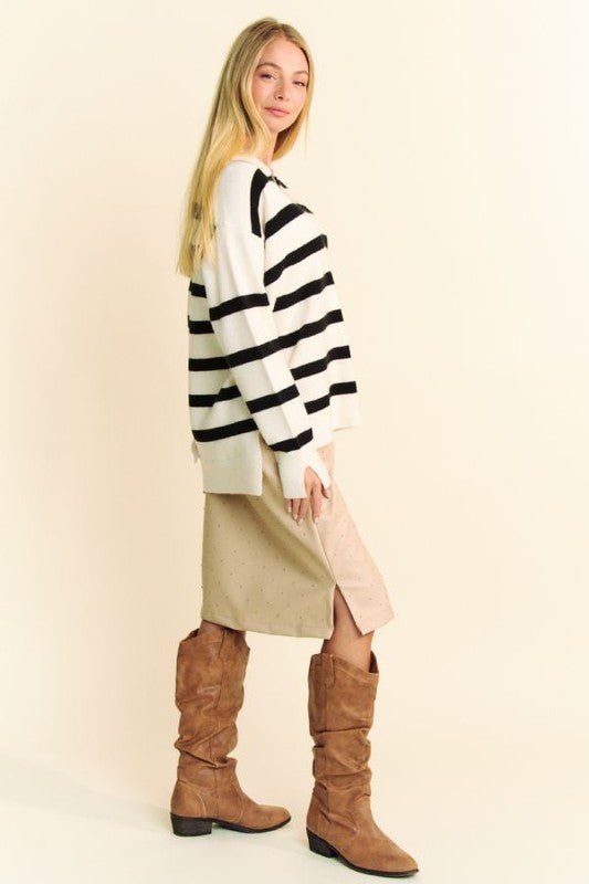 Davi & Dani - White Striped Johnny Collar Tunic Sweater