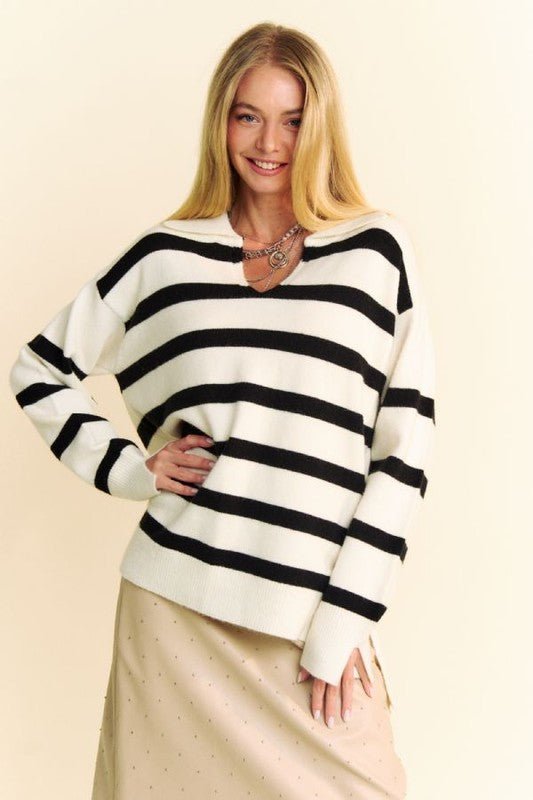 Davi & Dani - White Striped Johnny Collar Tunic Sweater