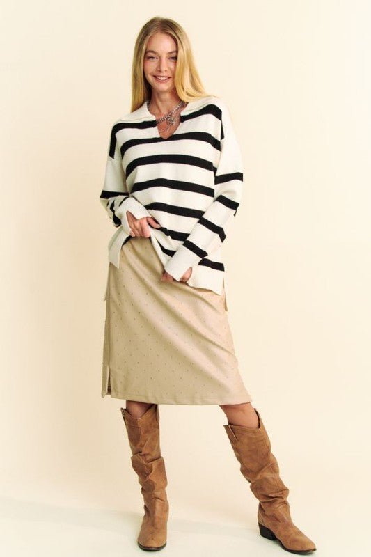 Davi & Dani - White Striped Johnny Collar Tunic Sweater