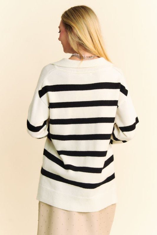 Davi & Dani - White Striped Johnny Collar Tunic Sweater