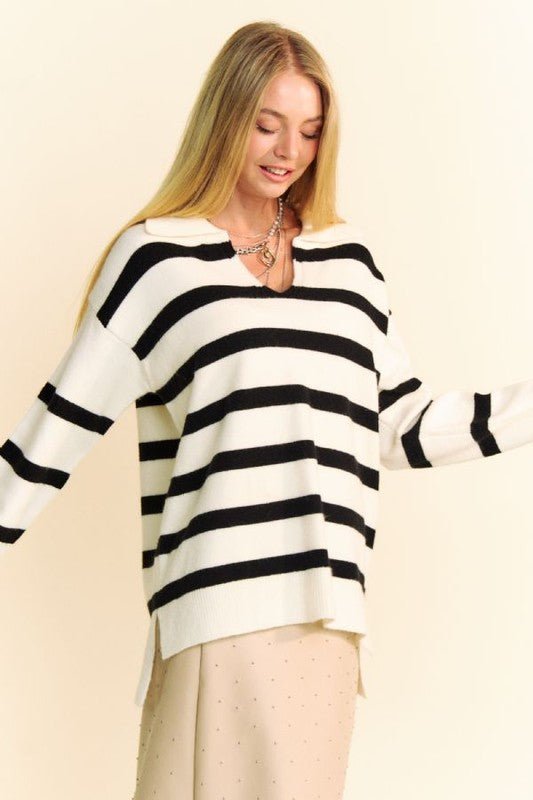 Davi & Dani - White Striped Johnny Collar Tunic Sweater