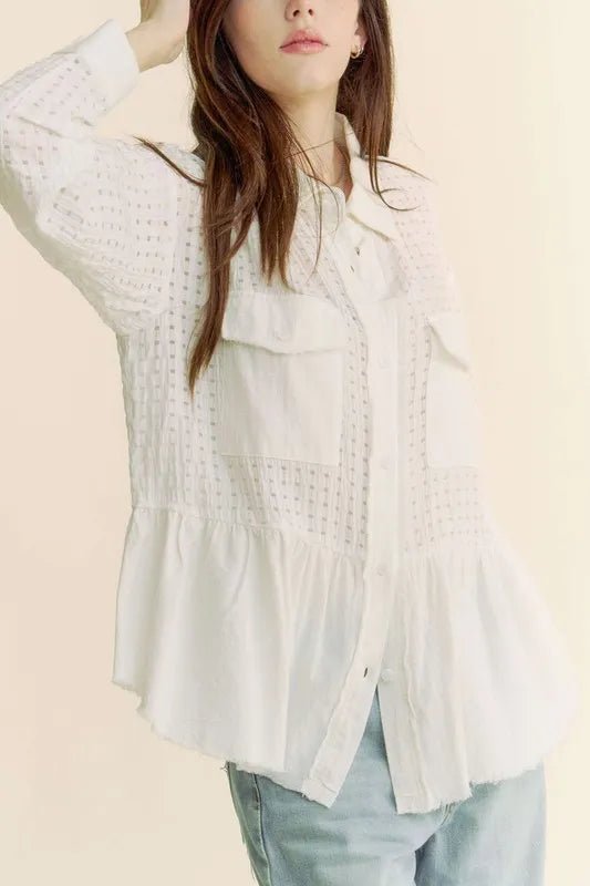 Davi & Dani - White Textured Grid Button Down Shirt