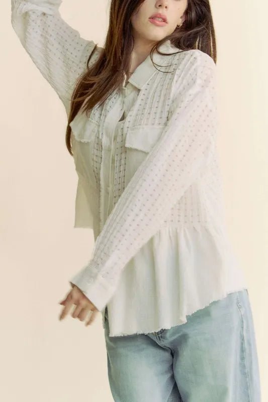 Davi & Dani - White Textured Grid Button Down Shirt
