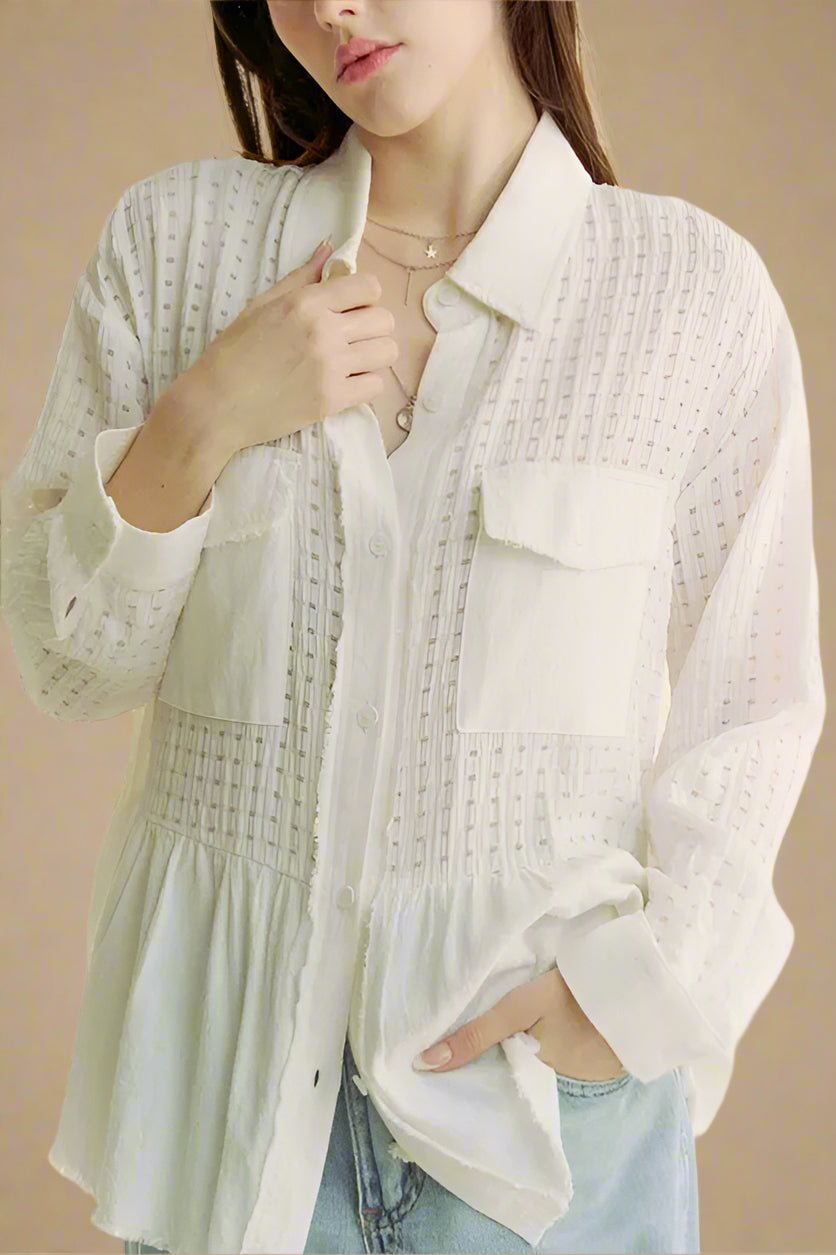 Davi & Dani - White Textured Grid Button Down Shirt