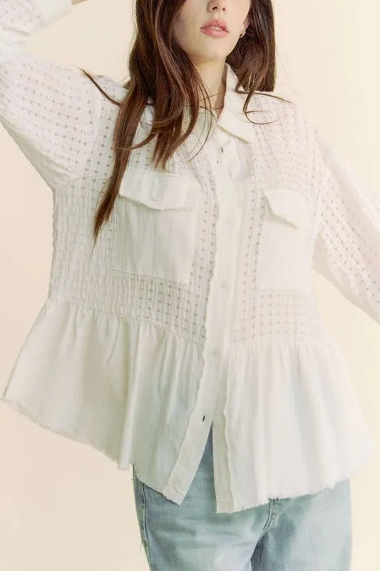 Davi & Dani - White Textured Grid Button Down Shirt