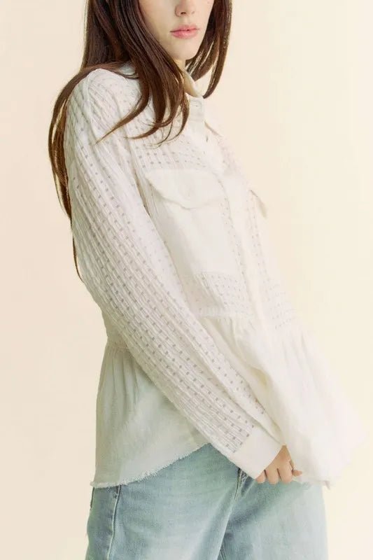 Davi & Dani - White Textured Grid Button Down Shirt