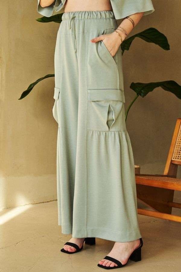 Davi & Dani - Wide Leg Cargo Pants in Sage