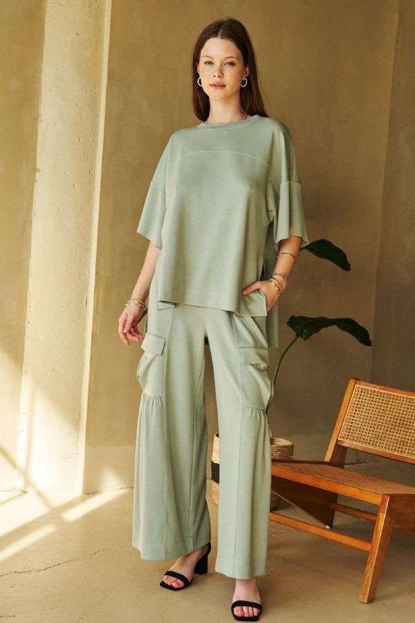 Davi & Dani - Wide Leg Cargo Pants in Sage