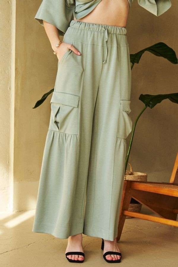 Davi & Dani - Wide Leg Cargo Pants in Sage