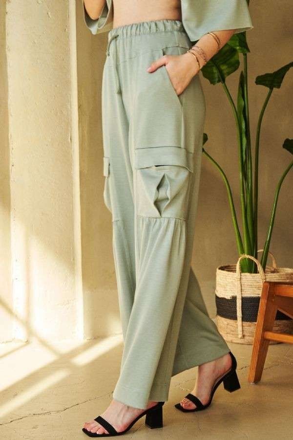Davi & Dani - Wide Leg Cargo Pants in Sage