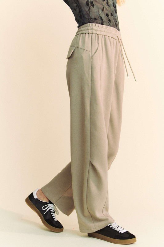 Davi & Dani - Wide Leg Drawstring Sweatpants in Khaki