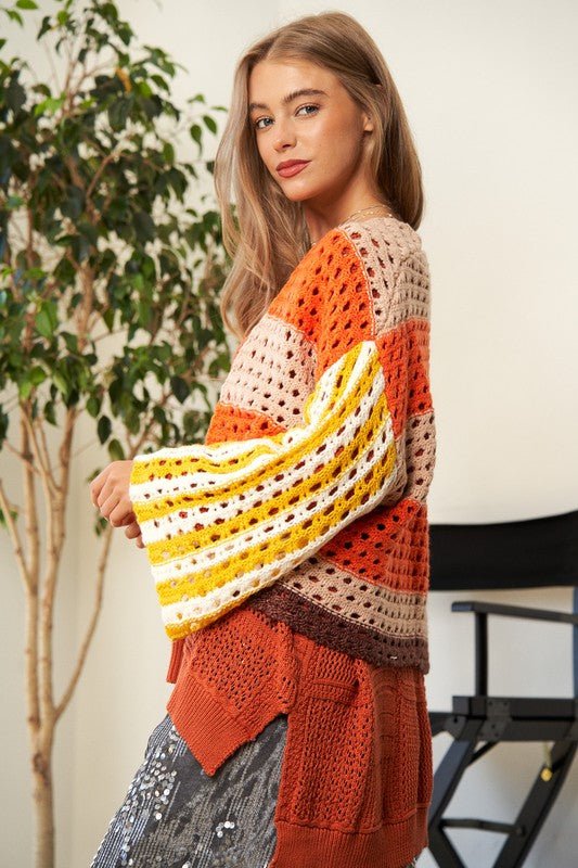 Davi & Dani - Yellow Orange Striped Crocheted Open Front Cardigan