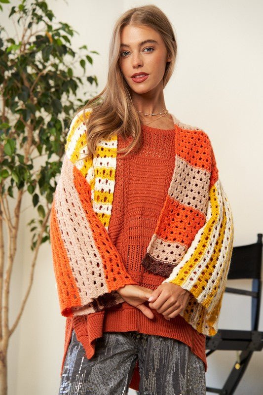 Davi & Dani - Yellow Orange Striped Crocheted Open Front Cardigan