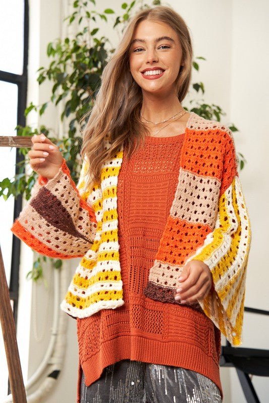 Davi & Dani - Yellow Orange Striped Crocheted Open Front Cardigan