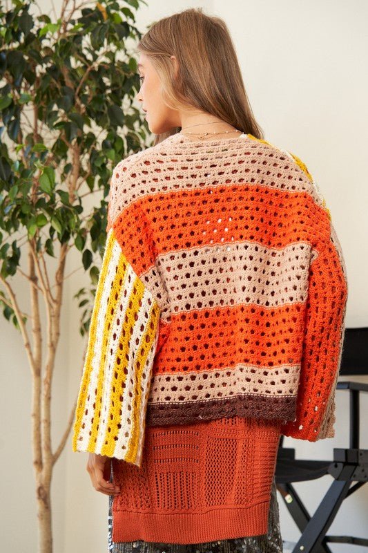 Davi & Dani - Yellow Orange Striped Crocheted Open Front Cardigan