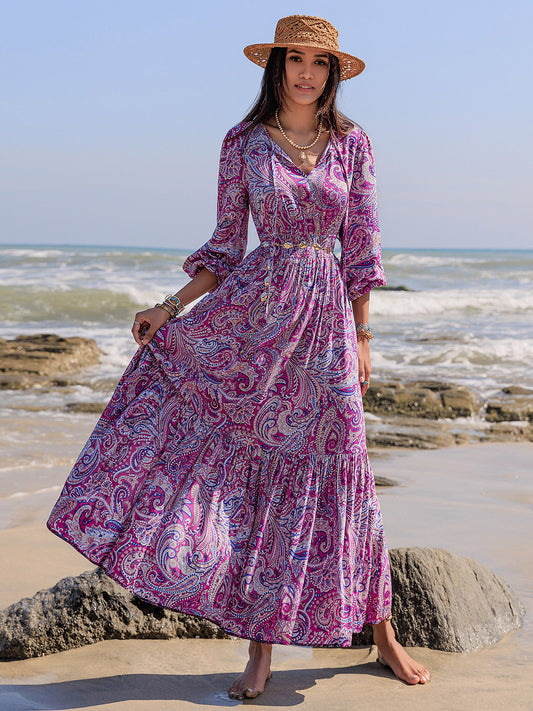 Paisley Print Tie Neck Balloon Sleeve Maxi Dress in Heliotrope Purple