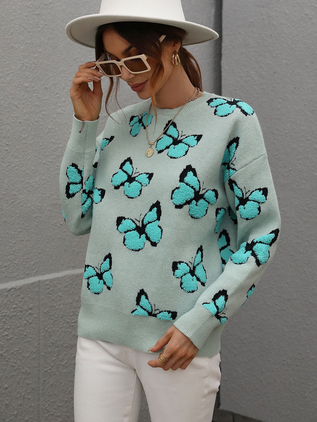 Butterfly Pattern Long Sleeve Sweater