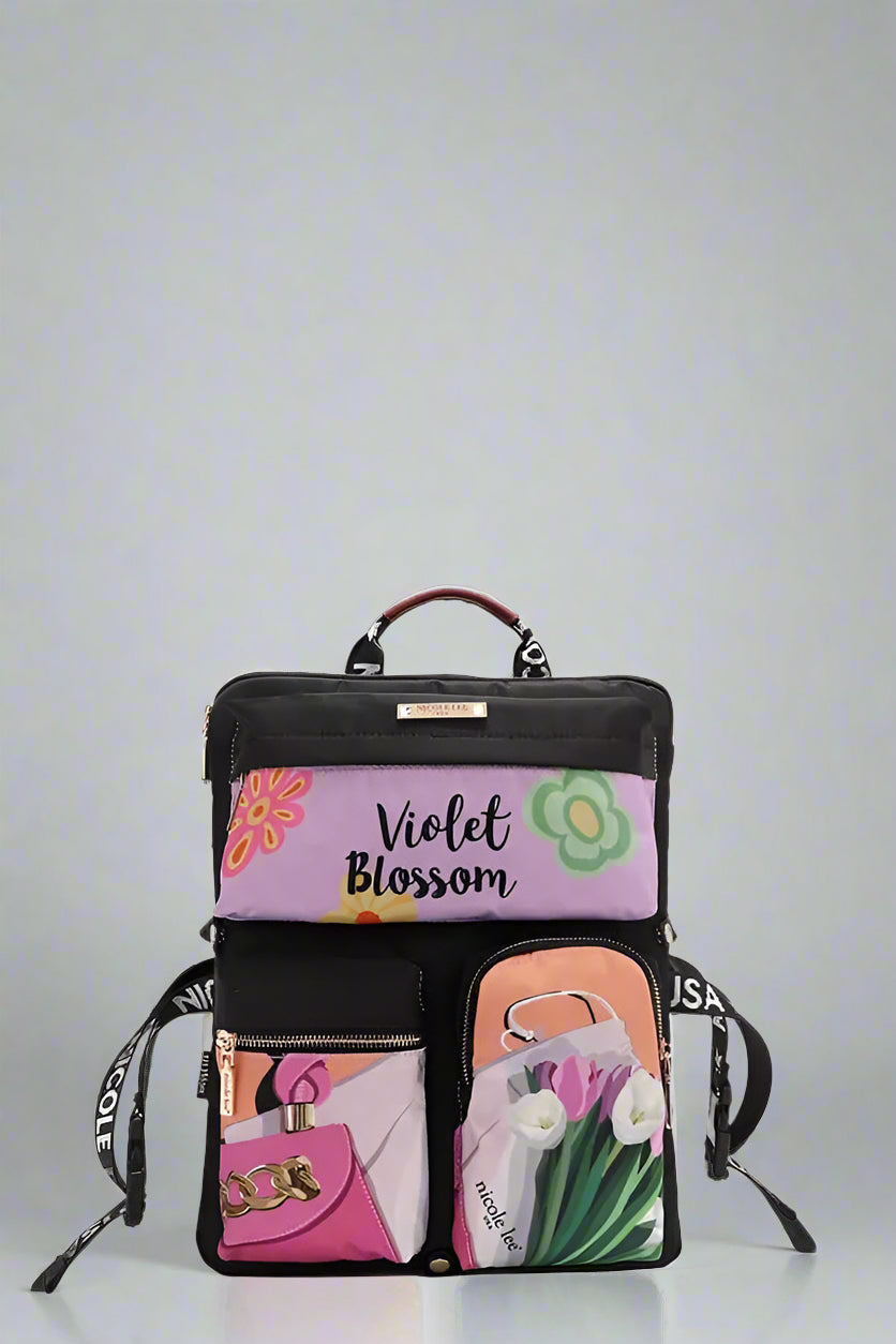 Backpack with floral design and 'Violet Blossom' text on a white background