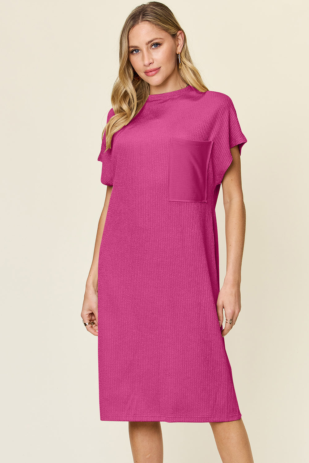 Textured Mock Neck Short Sleeve Below Knee Dress in Hot Pink