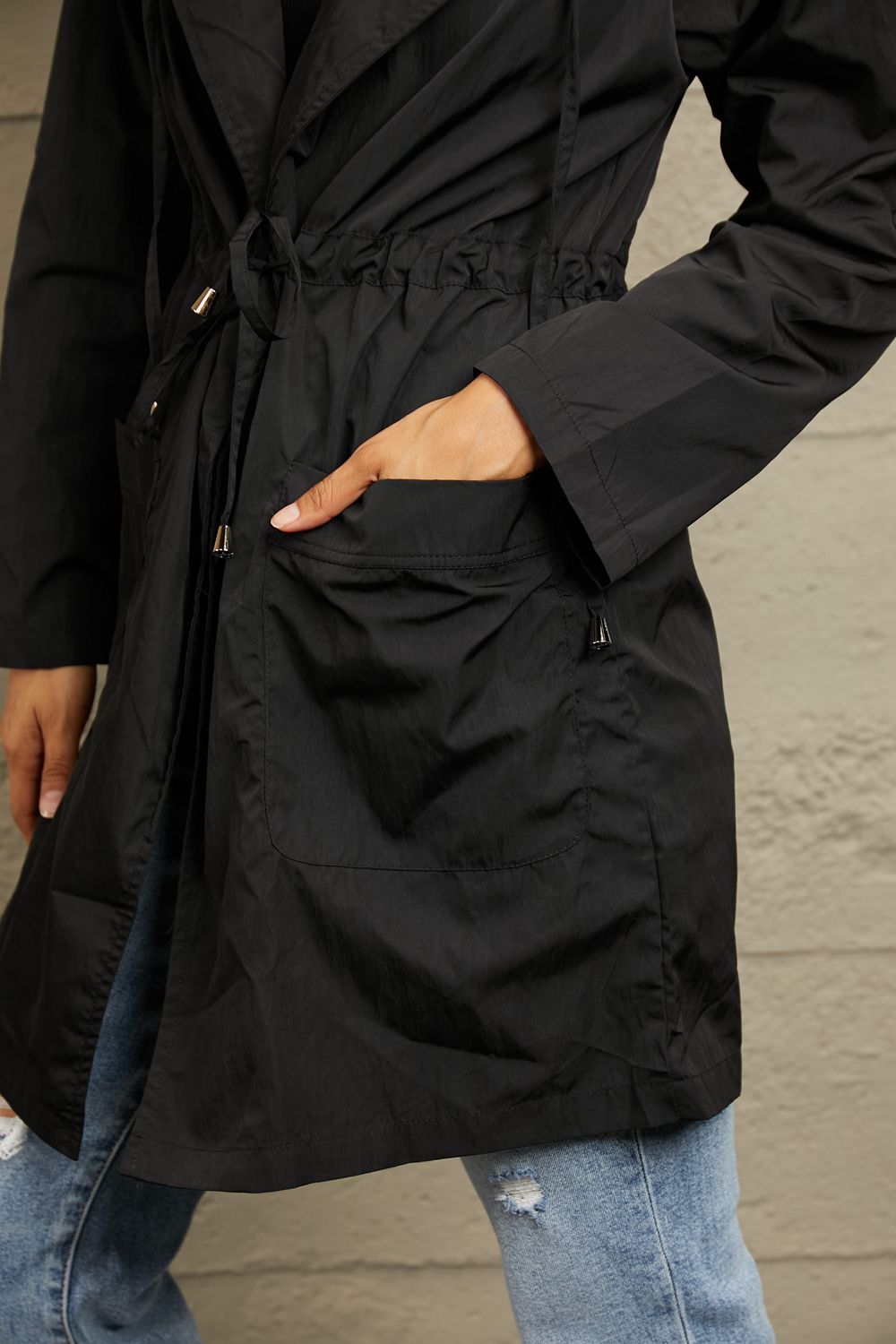 Black Drawstring Waist Hooded Longline Jacket