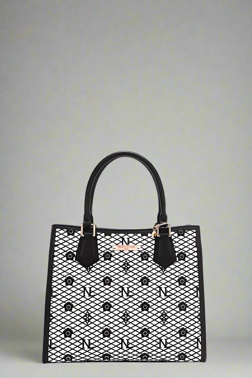 Black mesh handbag with star pattern on a white background
