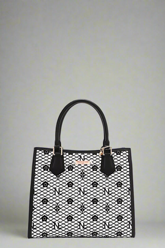 Black mesh handbag with star pattern on a white background